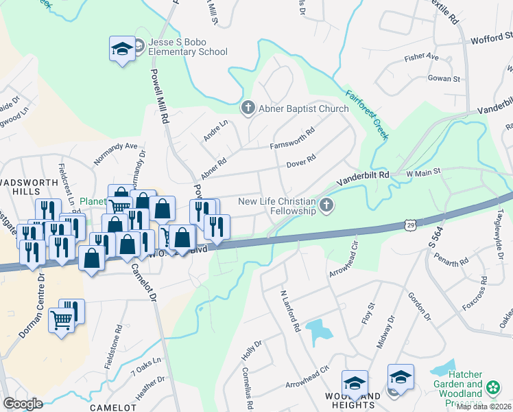 map of restaurants, bars, coffee shops, grocery stores, and more near 115 Bedford Road in Spartanburg