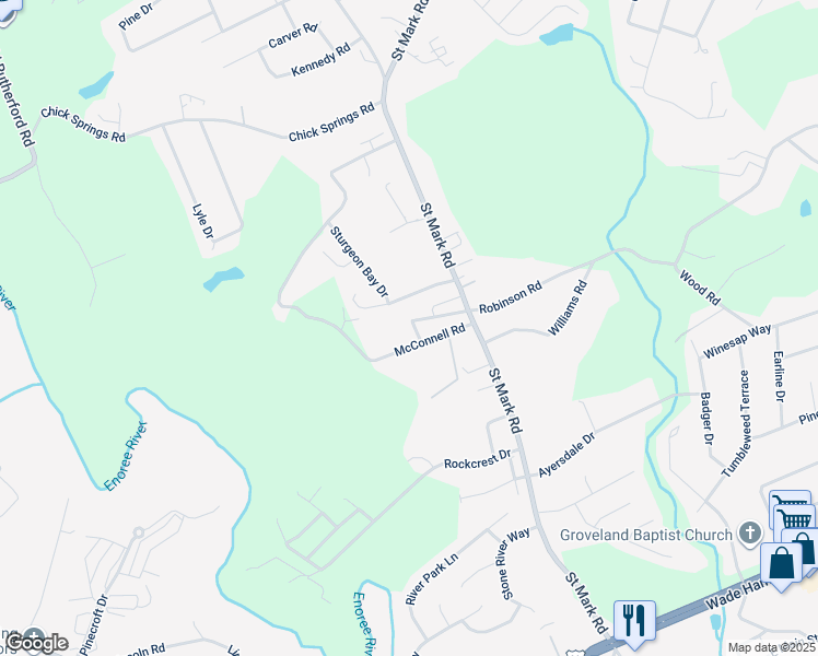map of restaurants, bars, coffee shops, grocery stores, and more near 18 McConnell Road in Taylors