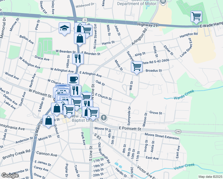 map of restaurants, bars, coffee shops, grocery stores, and more near 307 Austin Street in Greer