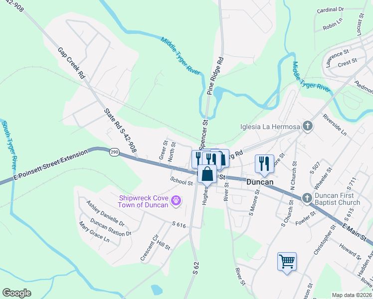 map of restaurants, bars, coffee shops, grocery stores, and more near 108 Piedmont Street in Duncan