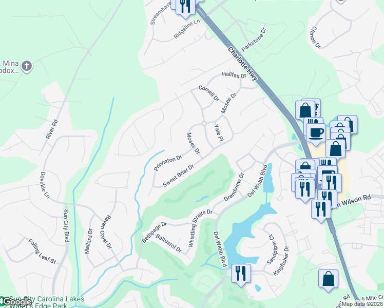 map of restaurants, bars, coffee shops, grocery stores, and more near 1011 Princeton Drive in Indian Land