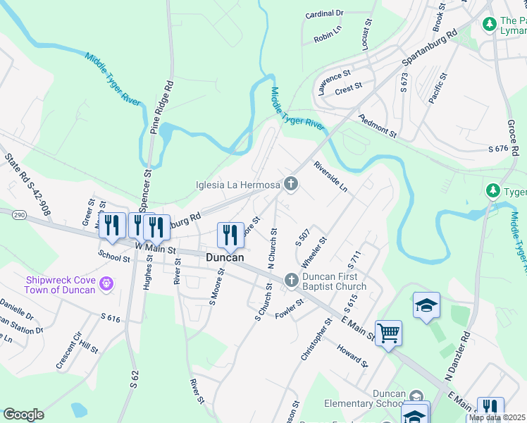 map of restaurants, bars, coffee shops, grocery stores, and more near 115 North Moore Street in Duncan