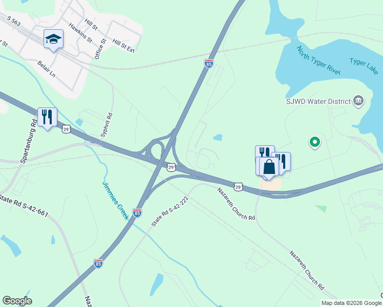 map of restaurants, bars, coffee shops, grocery stores, and more near 110 New Hope Drive in Wellford