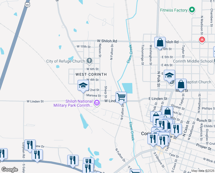 map of restaurants, bars, coffee shops, grocery stores, and more near 200-298 Sharp Street in Corinth
