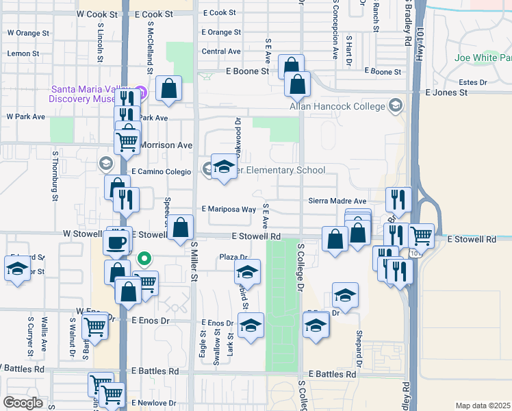 map of restaurants, bars, coffee shops, grocery stores, and more near 607 East Mariposa Way in Santa Maria
