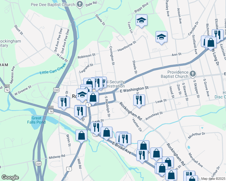 map of restaurants, bars, coffee shops, grocery stores, and more near in Rockingham