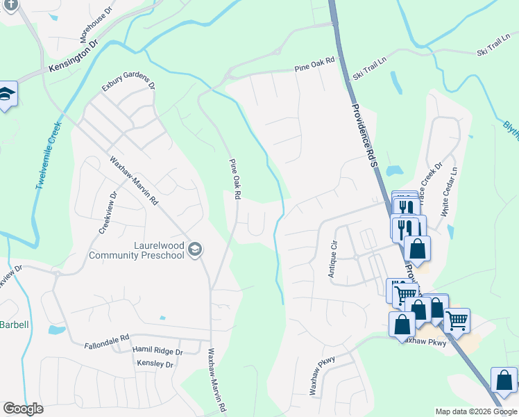 map of restaurants, bars, coffee shops, grocery stores, and more near 3919 Cassidy Drive in Waxhaw