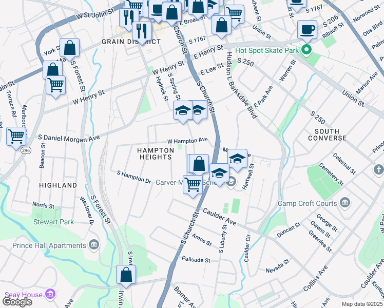 map of restaurants, bars, coffee shops, grocery stores, and more near in Spartanburg
