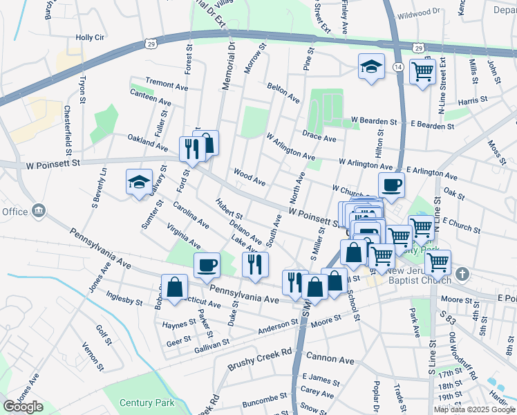 map of restaurants, bars, coffee shops, grocery stores, and more near 208 Hubert Street in Greer