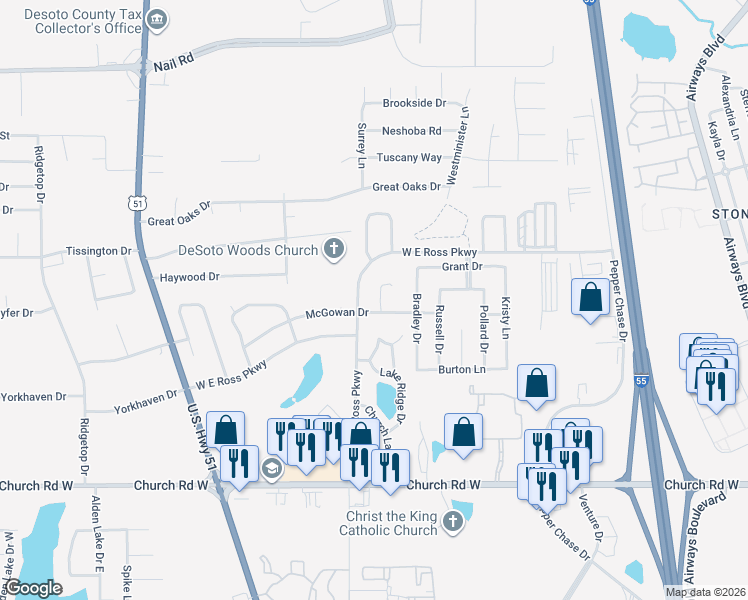 map of restaurants, bars, coffee shops, grocery stores, and more near 5447 Remington Cove in Southaven