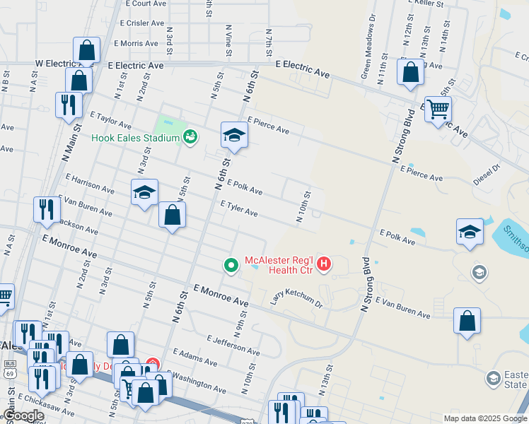 map of restaurants, bars, coffee shops, grocery stores, and more near 817 East Tyler Avenue in McAlester