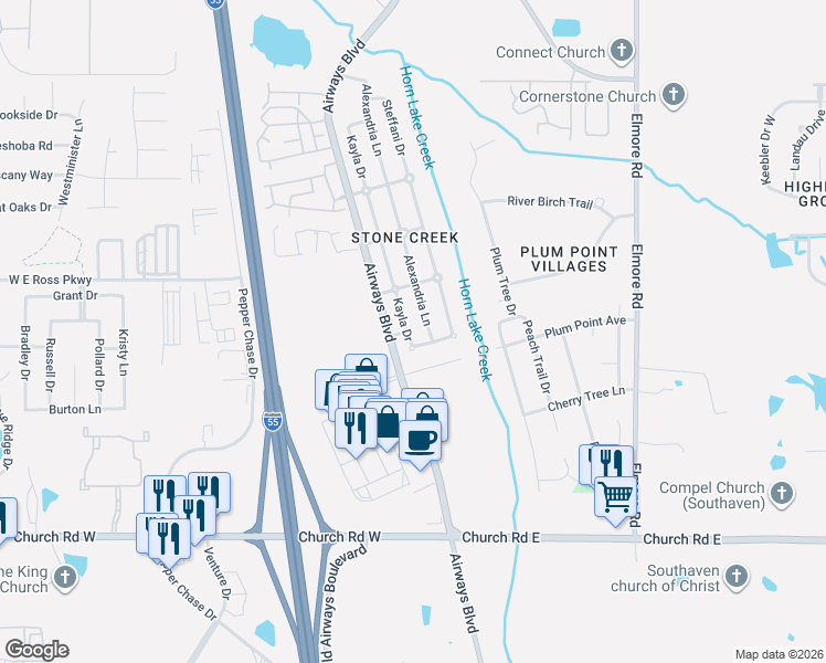 map of restaurants, bars, coffee shops, grocery stores, and more near 17 Belisle Drive in Southaven