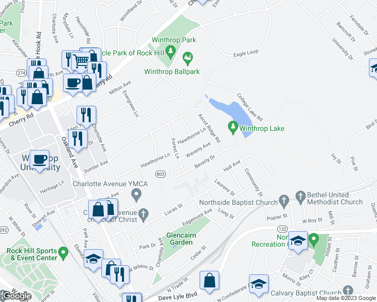 map of restaurants, bars, coffee shops, grocery stores, and more near 925 Waverly Avenue in Rock Hill