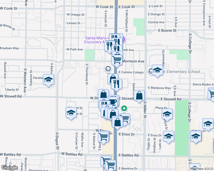 map of restaurants, bars, coffee shops, grocery stores, and more near 125 Liberty Street in Santa Maria