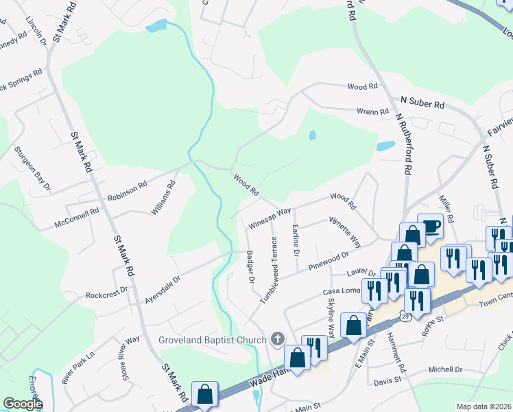 map of restaurants, bars, coffee shops, grocery stores, and more near 5 Winesap Way in Taylors