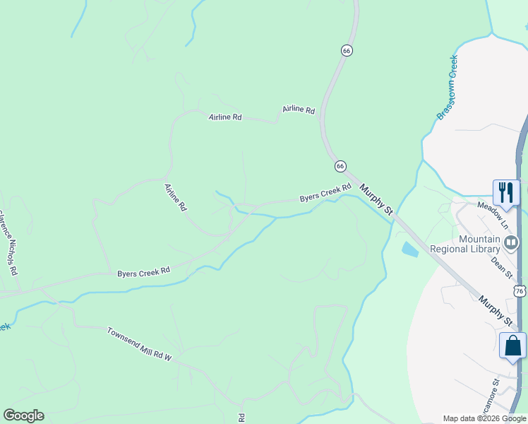 map of restaurants, bars, coffee shops, grocery stores, and more near Byers Creek Road in Young Harris