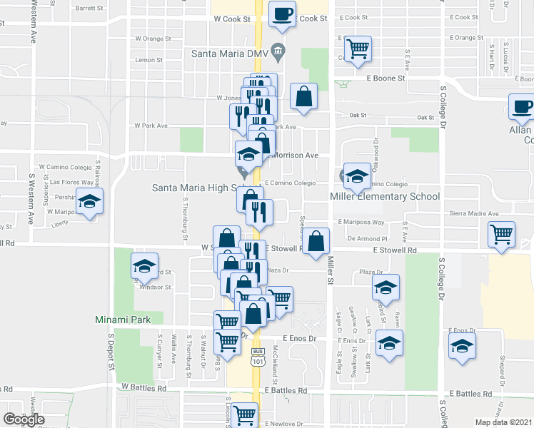 map of restaurants, bars, coffee shops, grocery stores, and more near 120 Palm Court Drive in Santa Maria