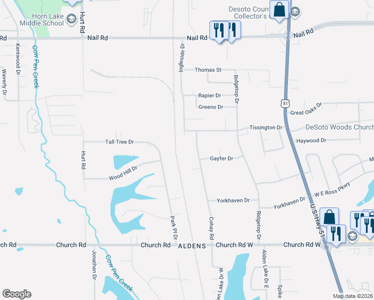 map of restaurants, bars, coffee shops, grocery stores, and more near 5395 Cohay Drive in Horn Lake