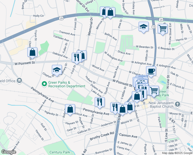 map of restaurants, bars, coffee shops, grocery stores, and more near 401 West Poinsett Street in Greer