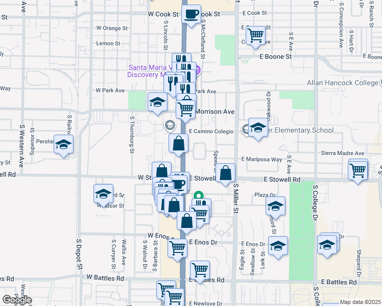 map of restaurants, bars, coffee shops, grocery stores, and more near 120 Palm Court Drive in Santa Maria