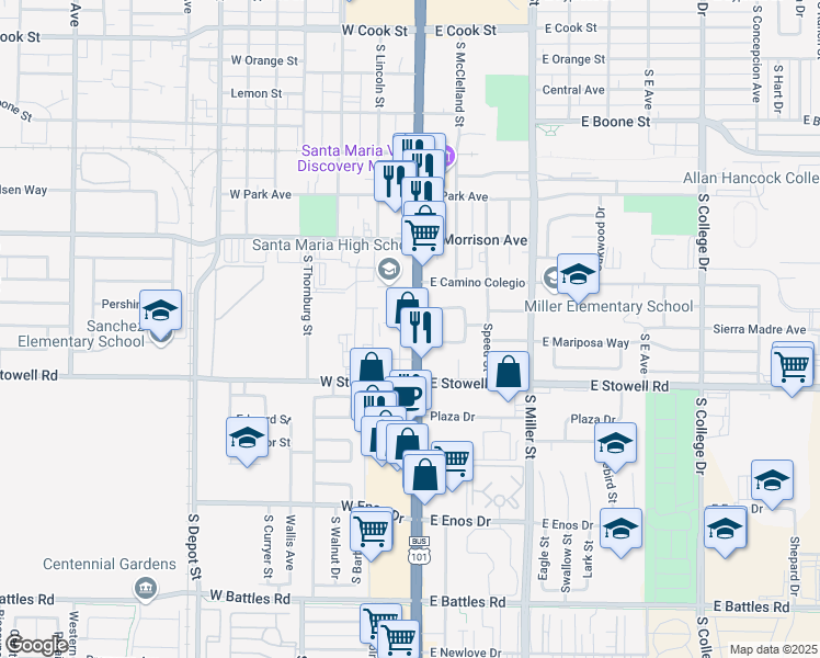 map of restaurants, bars, coffee shops, grocery stores, and more near 1121 South Broadway in Santa Maria
