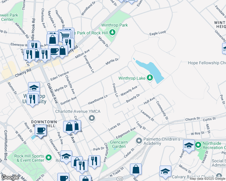 map of restaurants, bars, coffee shops, grocery stores, and more near 553 Forest Lane in Rock Hill
