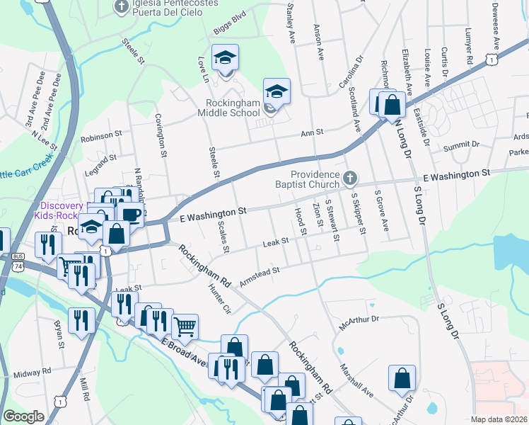 map of restaurants, bars, coffee shops, grocery stores, and more near 818 East Washington Street in Rockingham