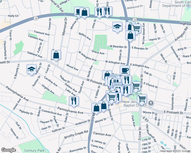 map of restaurants, bars, coffee shops, grocery stores, and more near 108 Davenport in Greer