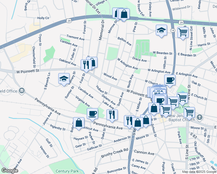 map of restaurants, bars, coffee shops, grocery stores, and more near 401 West Poinsett Street in Greer