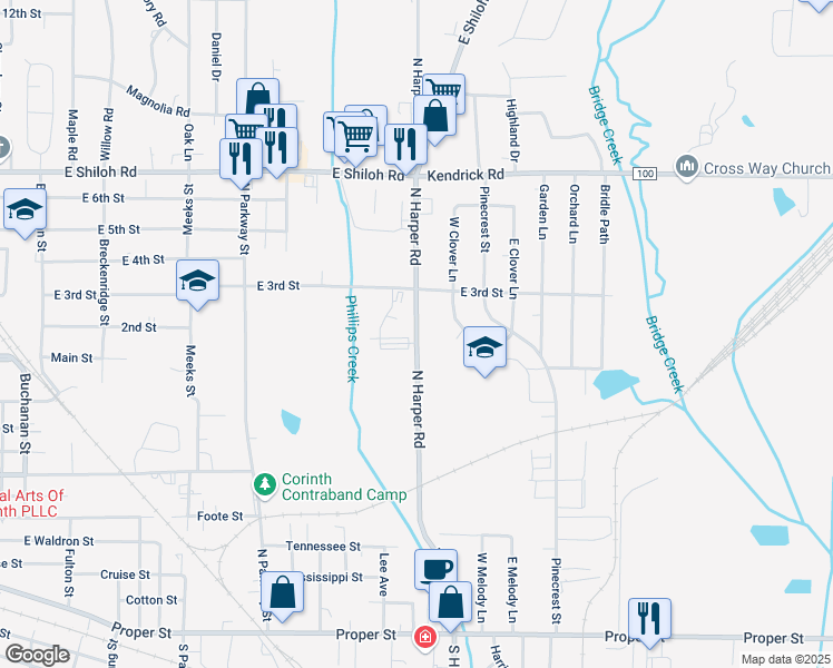 map of restaurants, bars, coffee shops, grocery stores, and more near 1310 North Harper Road in Corinth