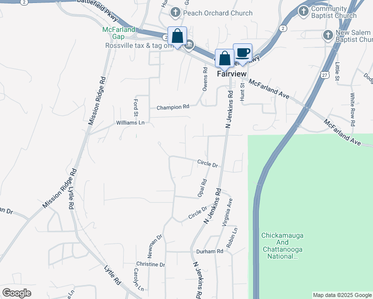 map of restaurants, bars, coffee shops, grocery stores, and more near 118 Ivy Street in Rossville
