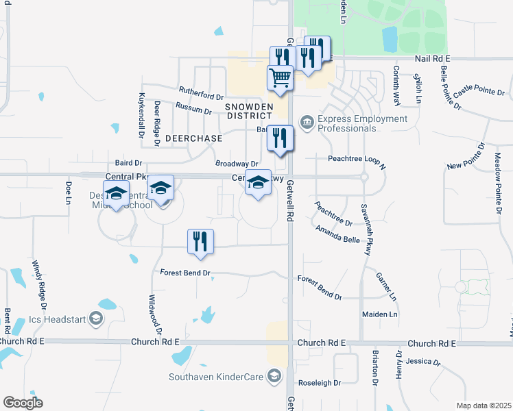 map of restaurants, bars, coffee shops, grocery stores, and more near 2911 Central Parkway in Southaven