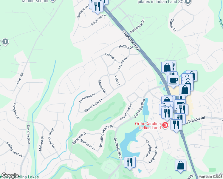 map of restaurants, bars, coffee shops, grocery stores, and more near 230 Yale Place in Indian Land