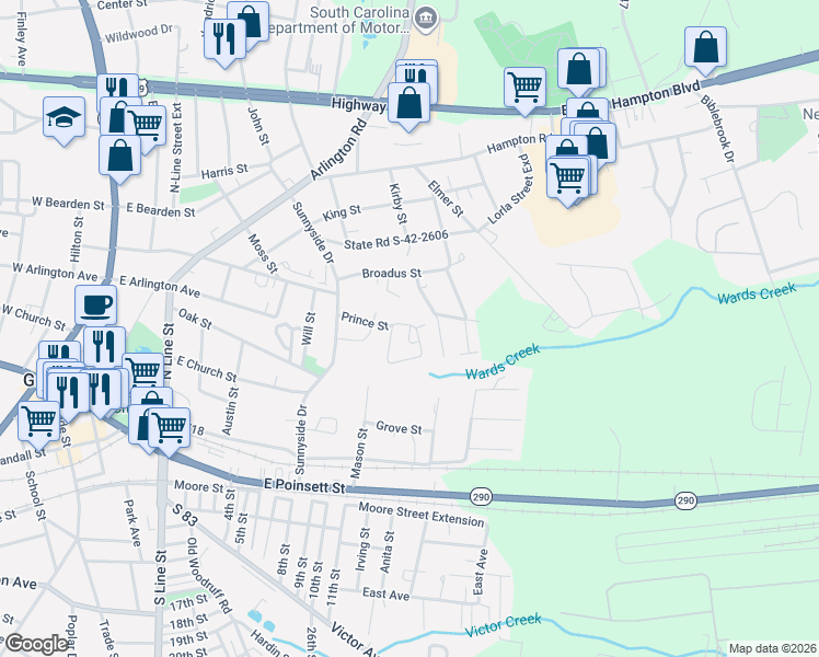 map of restaurants, bars, coffee shops, grocery stores, and more near 200 Gilbert Street in Greer