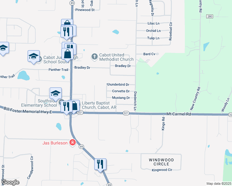 map of restaurants, bars, coffee shops, grocery stores, and more near 29 Thunderbird Drive in Cabot