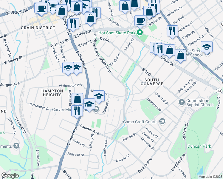 map of restaurants, bars, coffee shops, grocery stores, and more near 101 Marion Avenue in Spartanburg