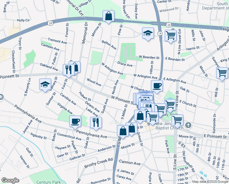 map of restaurants, bars, coffee shops, grocery stores, and more near 102 Westmoreland Avenue in Greer