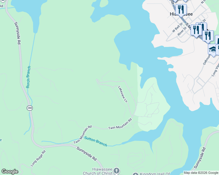 map of restaurants, bars, coffee shops, grocery stores, and more near Twin Mountain Rd in Hiawassee