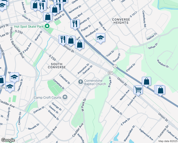 map of restaurants, bars, coffee shops, grocery stores, and more near 135 Princeton Street in Spartanburg