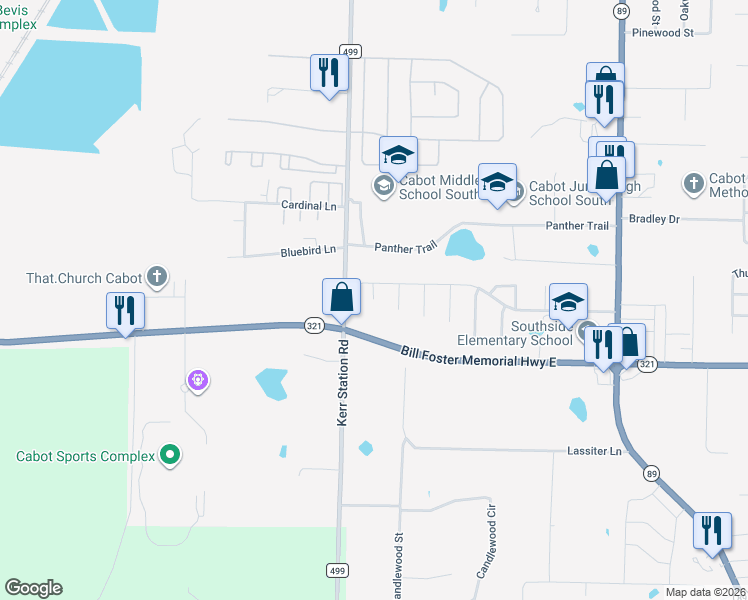 map of restaurants, bars, coffee shops, grocery stores, and more near 15 Judith Court in Cabot