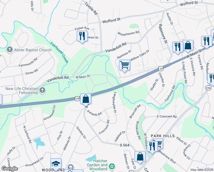 map of restaurants, bars, coffee shops, grocery stores, and more near 328 North Tanglewylde Drive in Spartanburg