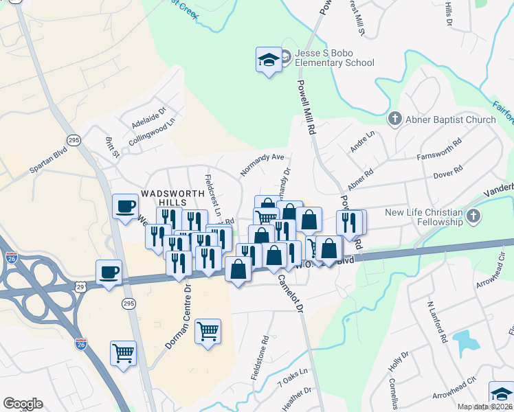 map of restaurants, bars, coffee shops, grocery stores, and more near 1462 Dover Road in Spartanburg