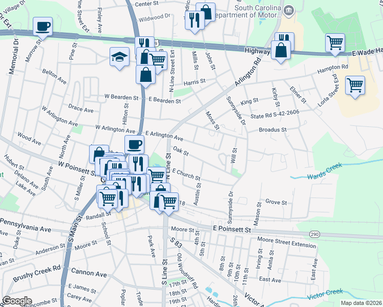 map of restaurants, bars, coffee shops, grocery stores, and more near 214 East Arlington Avenue in Greer