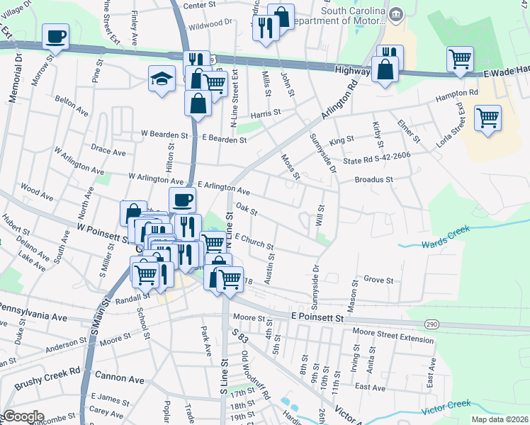 map of restaurants, bars, coffee shops, grocery stores, and more near 214 East Arlington Avenue in Greer