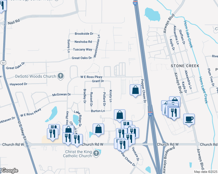 map of restaurants, bars, coffee shops, grocery stores, and more near 657 Grant Drive in Southaven