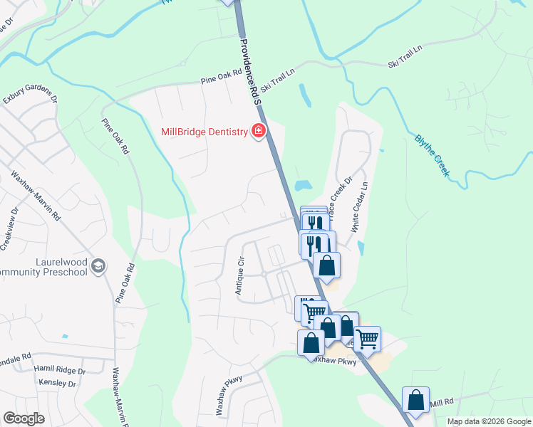 map of restaurants, bars, coffee shops, grocery stores, and more near 3718 Wind Ridge Place in Waxhaw