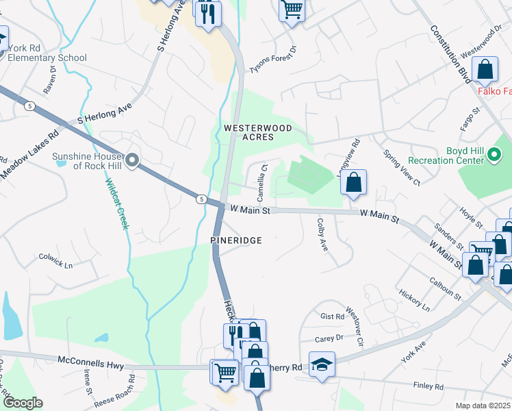 map of restaurants, bars, coffee shops, grocery stores, and more near 1207 Camellia Court in Rock Hill