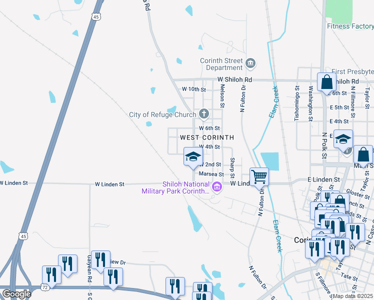 map of restaurants, bars, coffee shops, grocery stores, and more near 408 Lassiter Street in Corinth