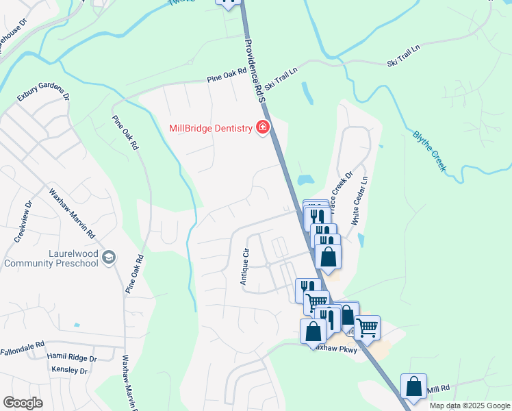 map of restaurants, bars, coffee shops, grocery stores, and more near 3705 Wilshire Lane in Waxhaw
