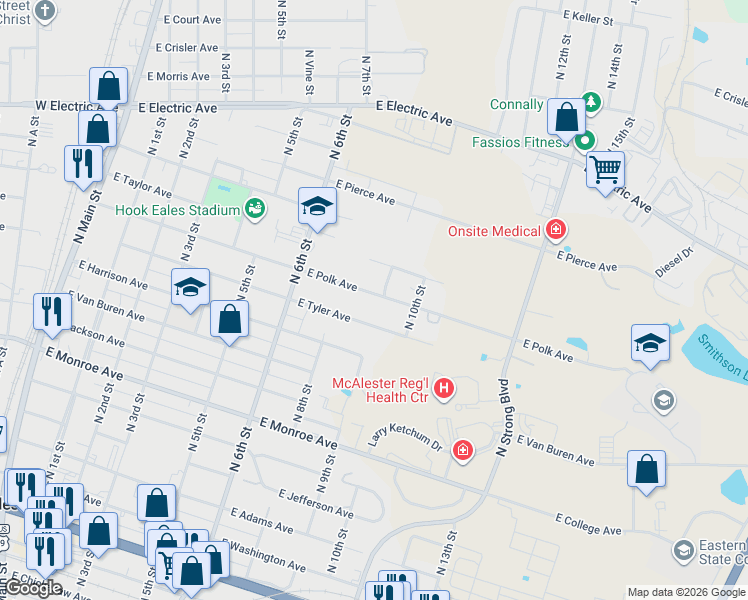 map of restaurants, bars, coffee shops, grocery stores, and more near 845 East Polk Avenue in McAlester